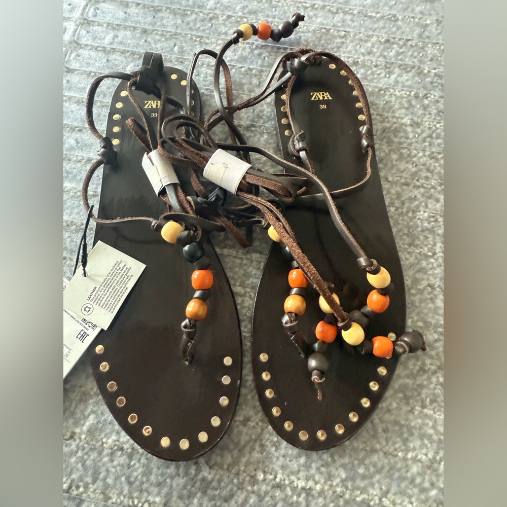 Zara Women's Brown Sandals with Beaded Accents